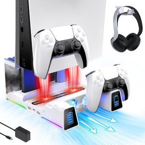 PS5 Slient Cooling Stand with RGB LED Light, Dual Charging Station